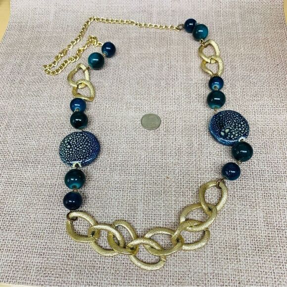 Gold Large Link Blue/Green Ceramic Beaded Necklace - Picture 1 of 3